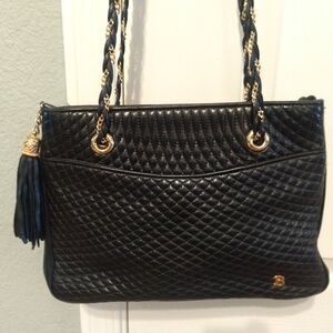 Bally Quilted Black Leather Gold Chain Strap Tassle Tote Purse Shoulder Bag Vtg